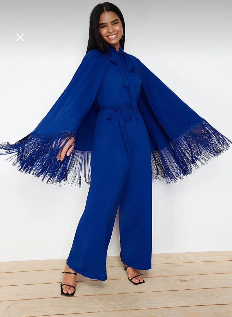 Marvella By Rasha Royal Blue Jumpsuit with Fringed Cape
